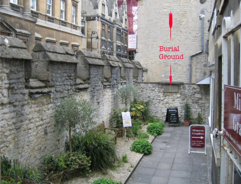 Location of plaque on Burial Ground alongside City Wall